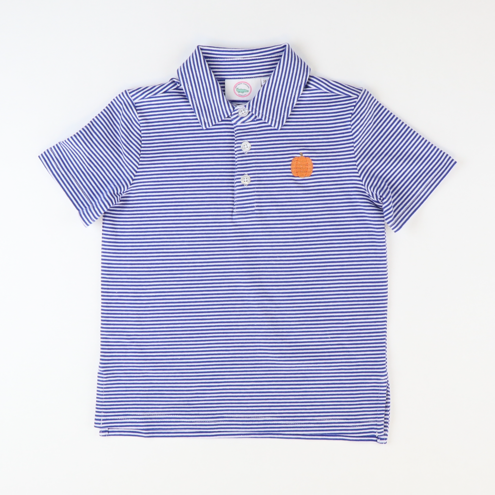 Embroidered Pumpkin Knit Polo -  Royal Blue Thin Stripe