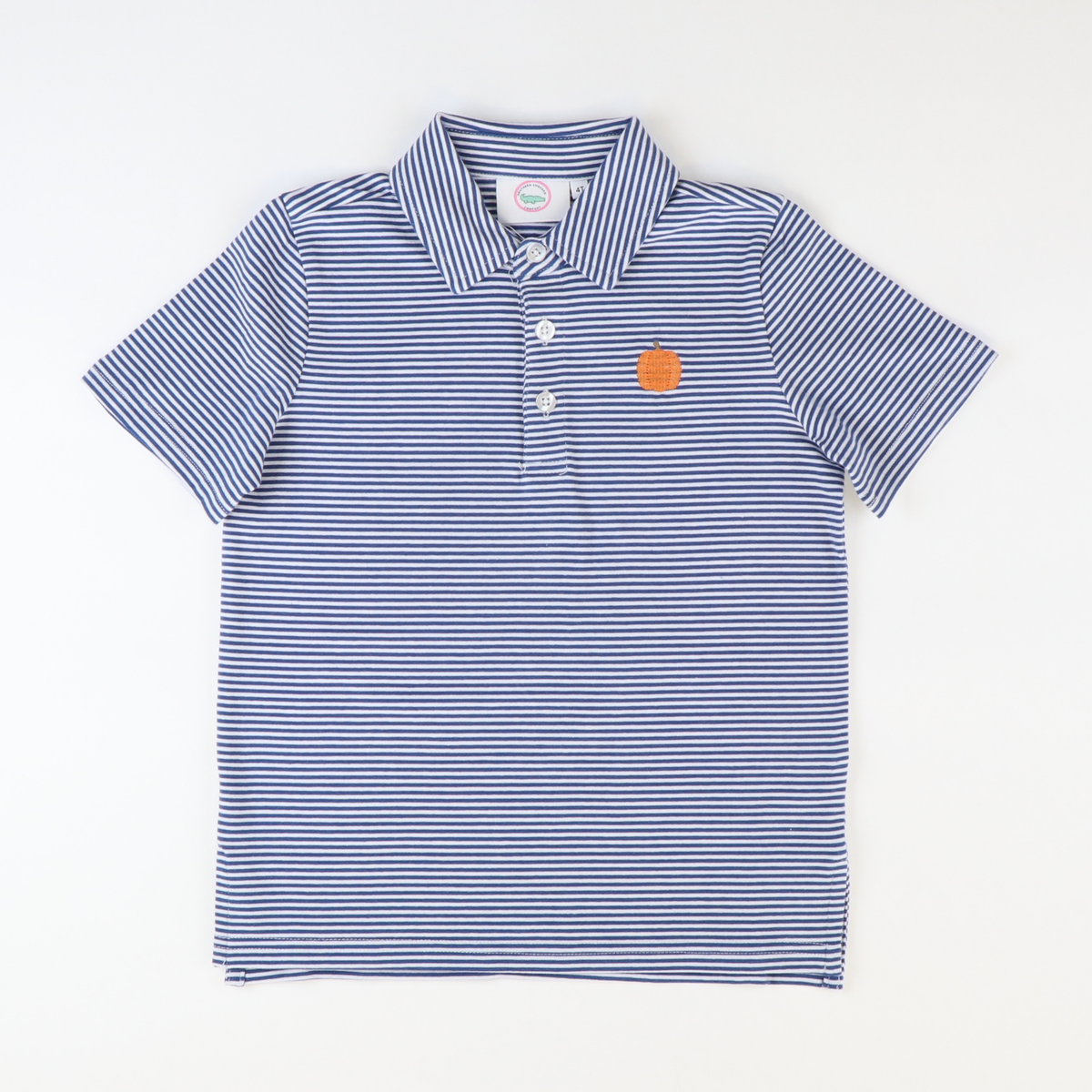 Embroidered Pumpkin Knit Polo -  Royal Blue Thin Stripe
