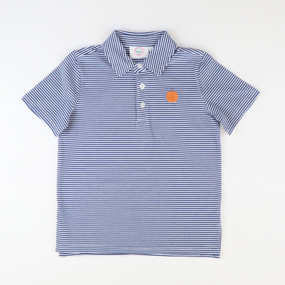 Embroidered Pumpkin Knit Polo -  Royal Blue Thin Stripe