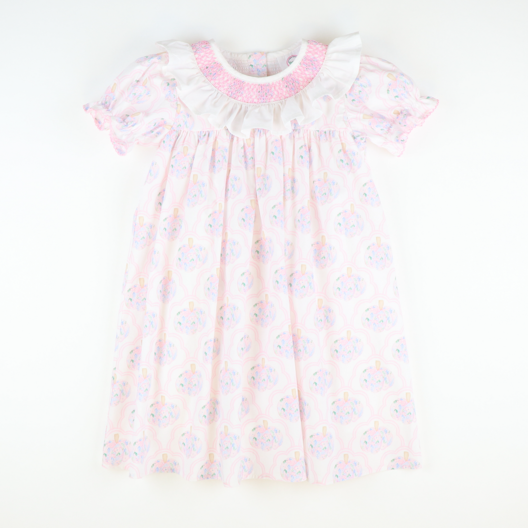 Smocked Ruffle Neck Dress - Scalloped Floral Pumpkins - Stellybelly