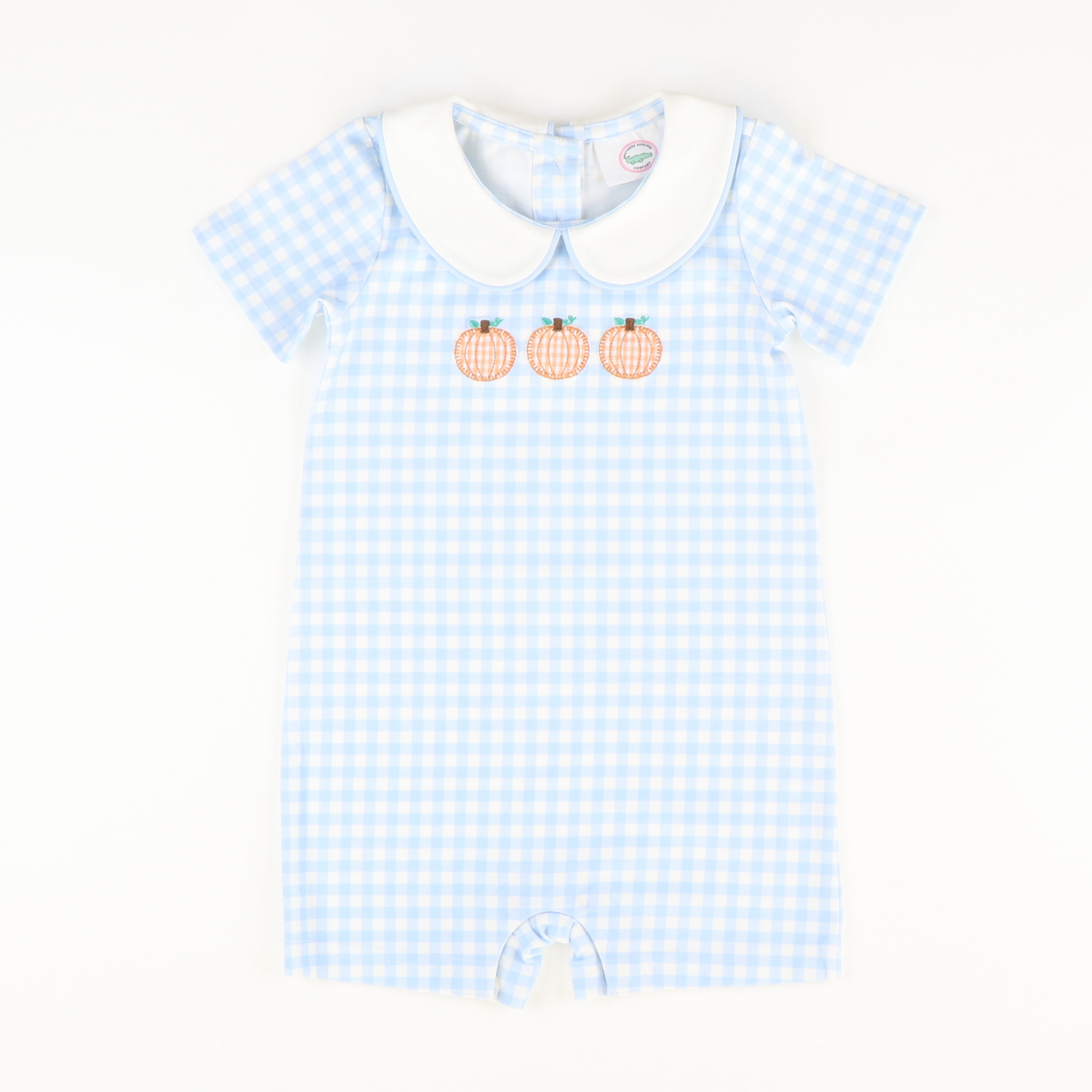 Pumpkin Trio Appliqué Boy Romper - Light Blue Check Knit - Stellybelly