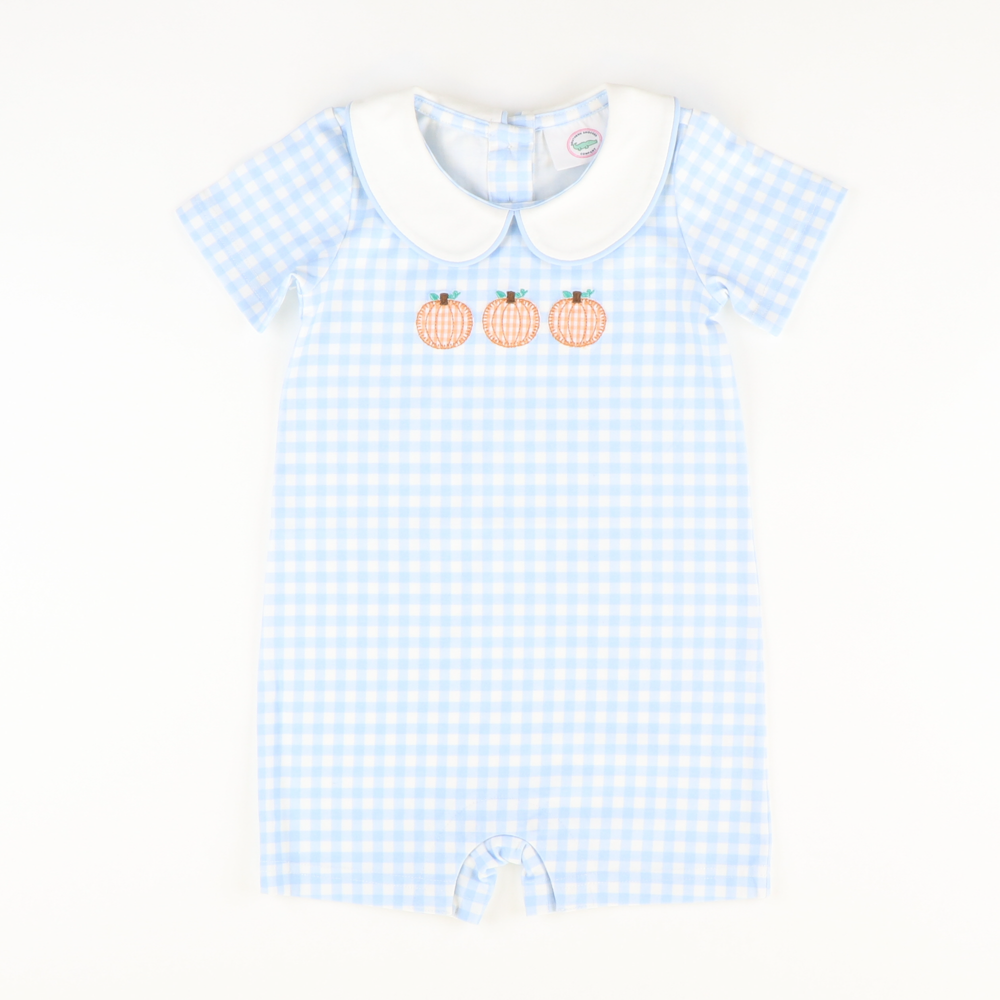 Pumpkin Trio Appliqué Boy Romper - Light Blue Check Knit - Stellybelly