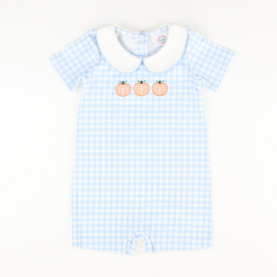 Pumpkin Trio Appliqué Boy Romper - Light Blue Check Knit - Stellybelly