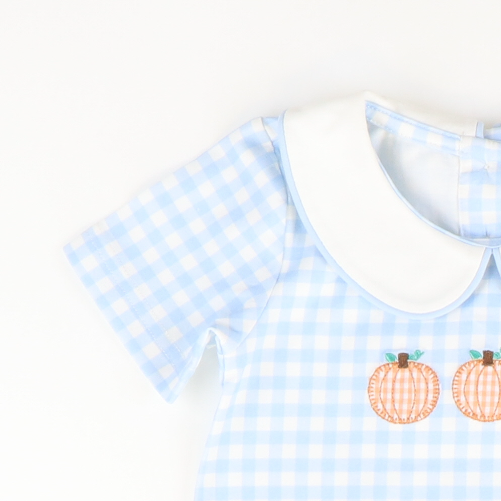 Pumpkin Trio Appliqué Boy Romper - Light Blue Check Knit - Stellybelly