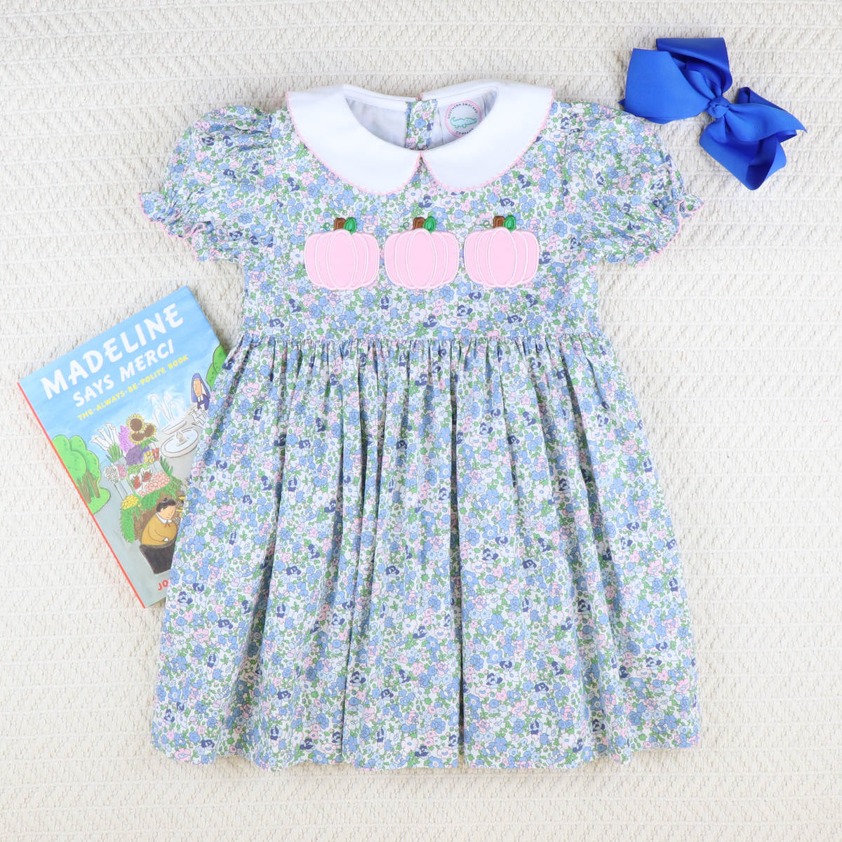 Pink Pumpkin Trio Appliqué Dress- Pink & Blue Floral