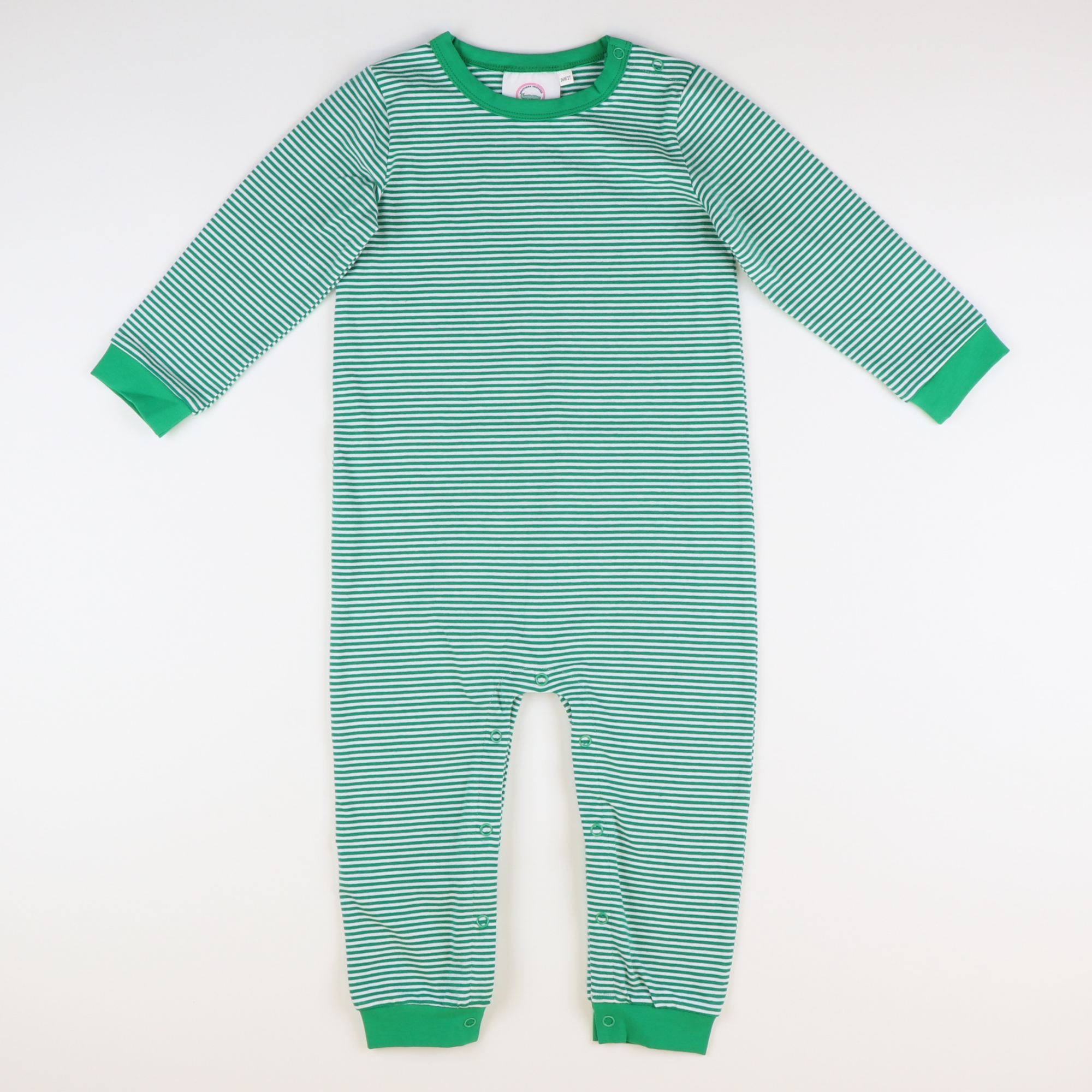 L/S Out & About Romper - Christmas Green & White Thin Stripe