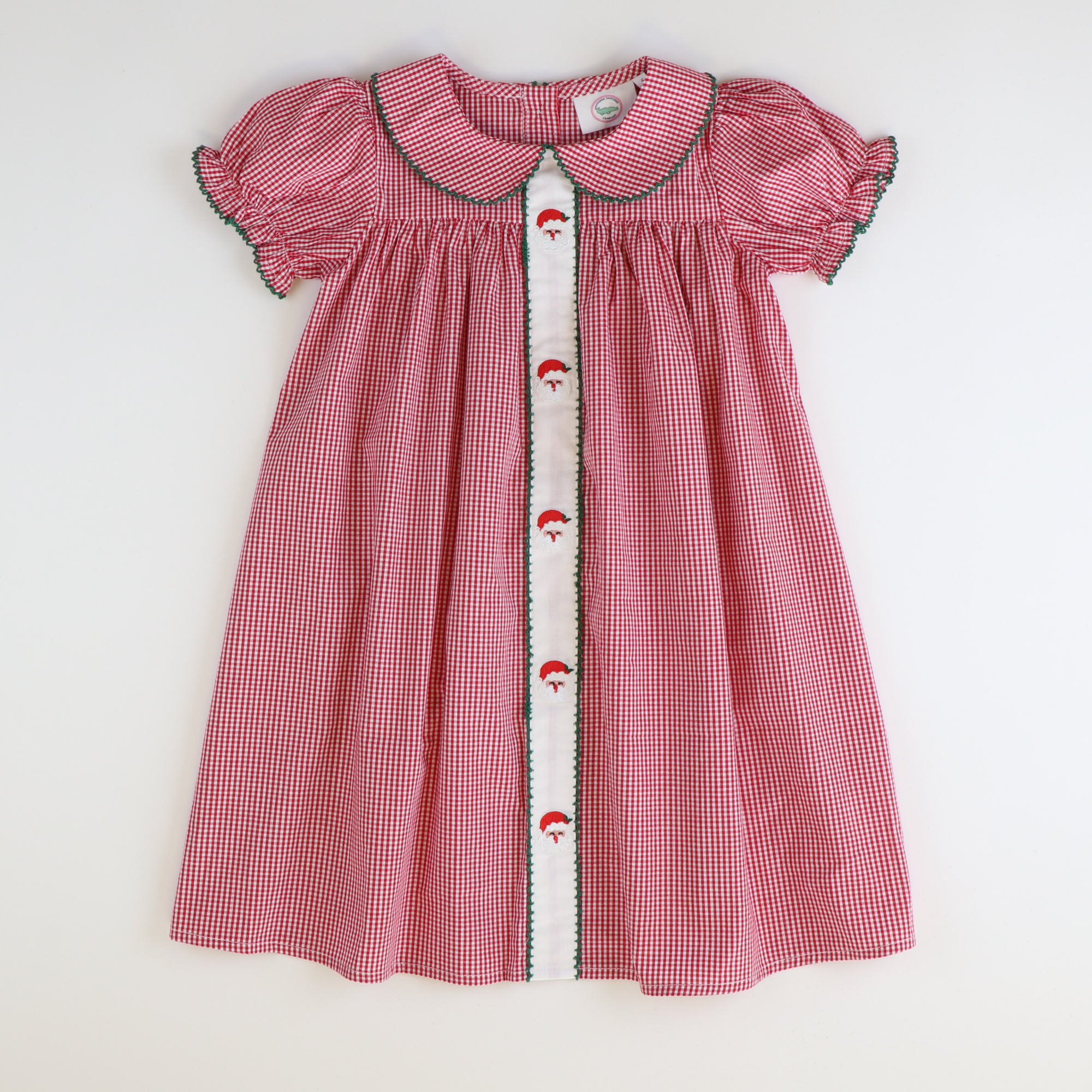 Embroidered Santa Face Collared Dress - Red Mini Gingham