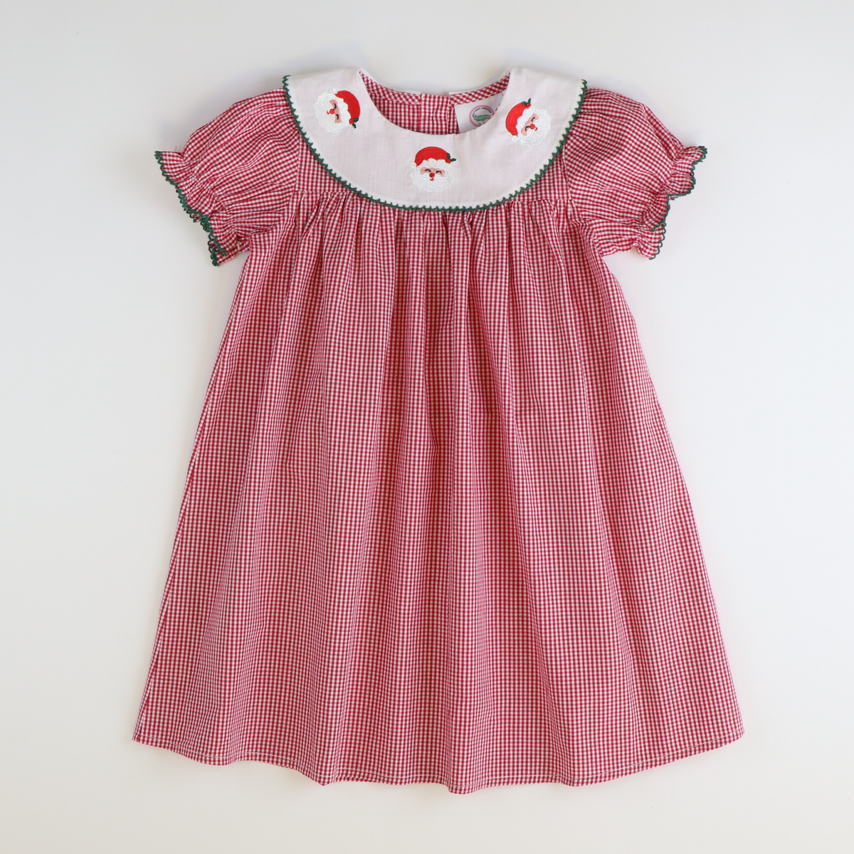 Embroidered Santa Face Bib Dress - Red Mini Gingham