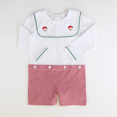 Embroidered Santa Face Short Set - Red Mini Gingham