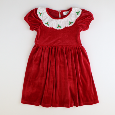 Embroidered Holly Holiday Red Velvet Dress