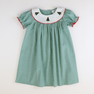 Embroidered Christmas Trees Bib Dress - Dark Green Mini Gingham