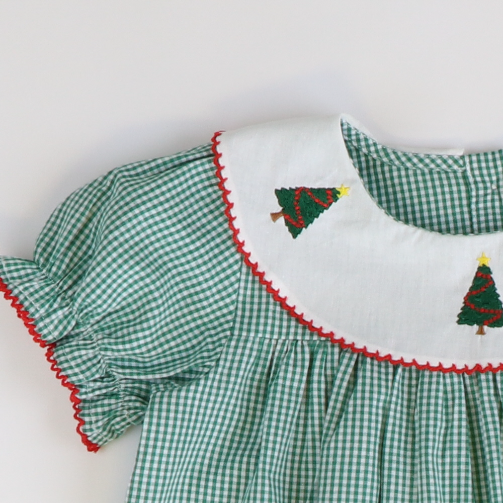 Embroidered Christmas Trees Bib Dress - Dark Green Mini Gingham