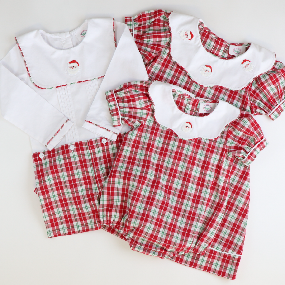 Embroidered Santa Short Set - Red & Green Plaid