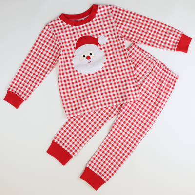 Santa Appliqué Knit Pajama Set - Red Check