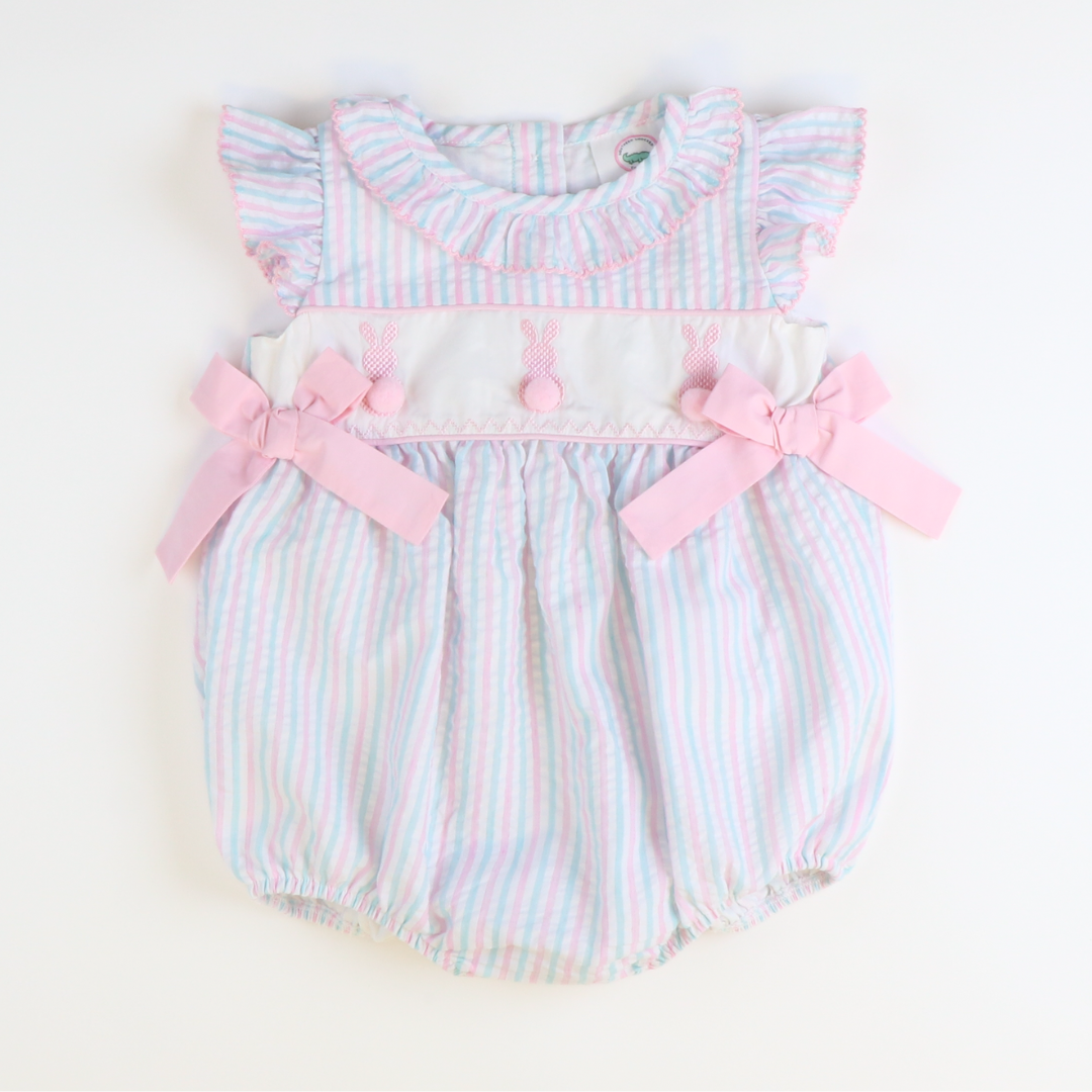 Embroidered Cottontail Bunnies Girl Bubble - Pink & Aqua Stripe Seersucker - Stellybelly