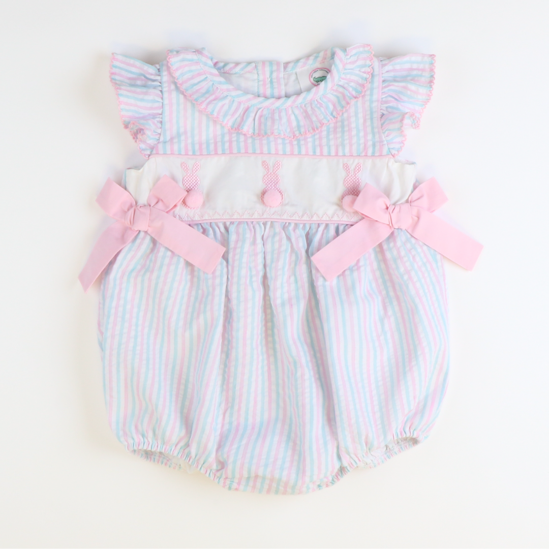 Embroidered Cottontail Bunnies Girl Bubble - Pink & Aqua Stripe Seersucker