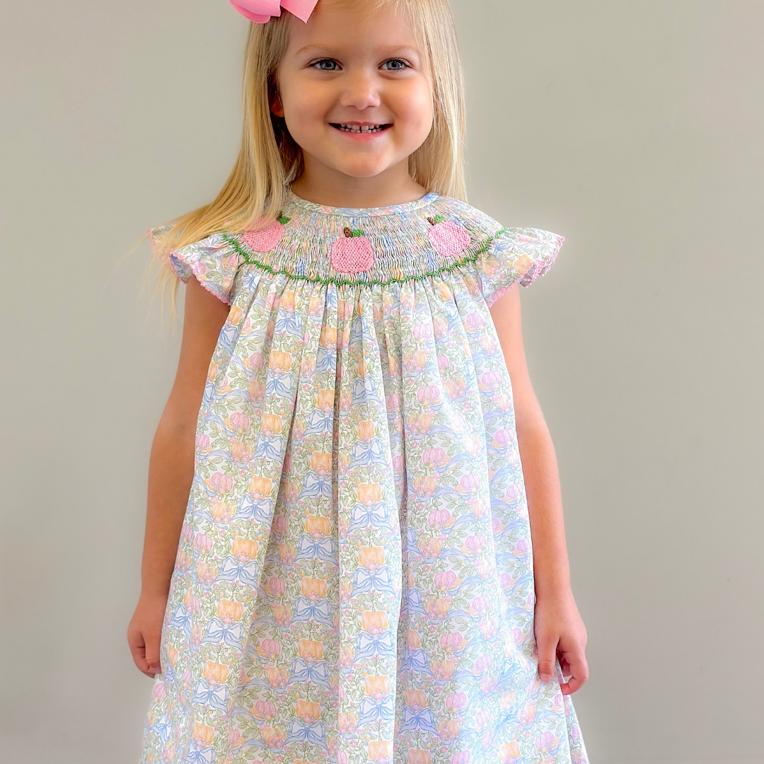 Smocked Pink Pumpkins Bishop - Pumpkins & Vines - Stellybelly
