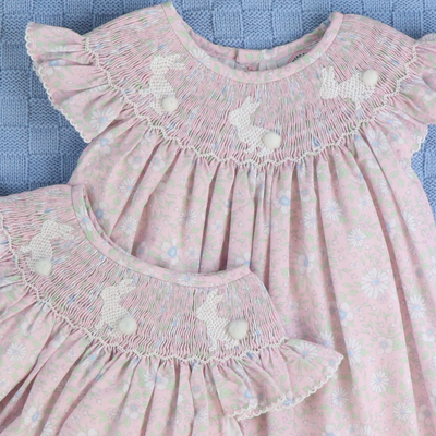 Smocked White Silhouette Bunnies Bishop- Pink Floral