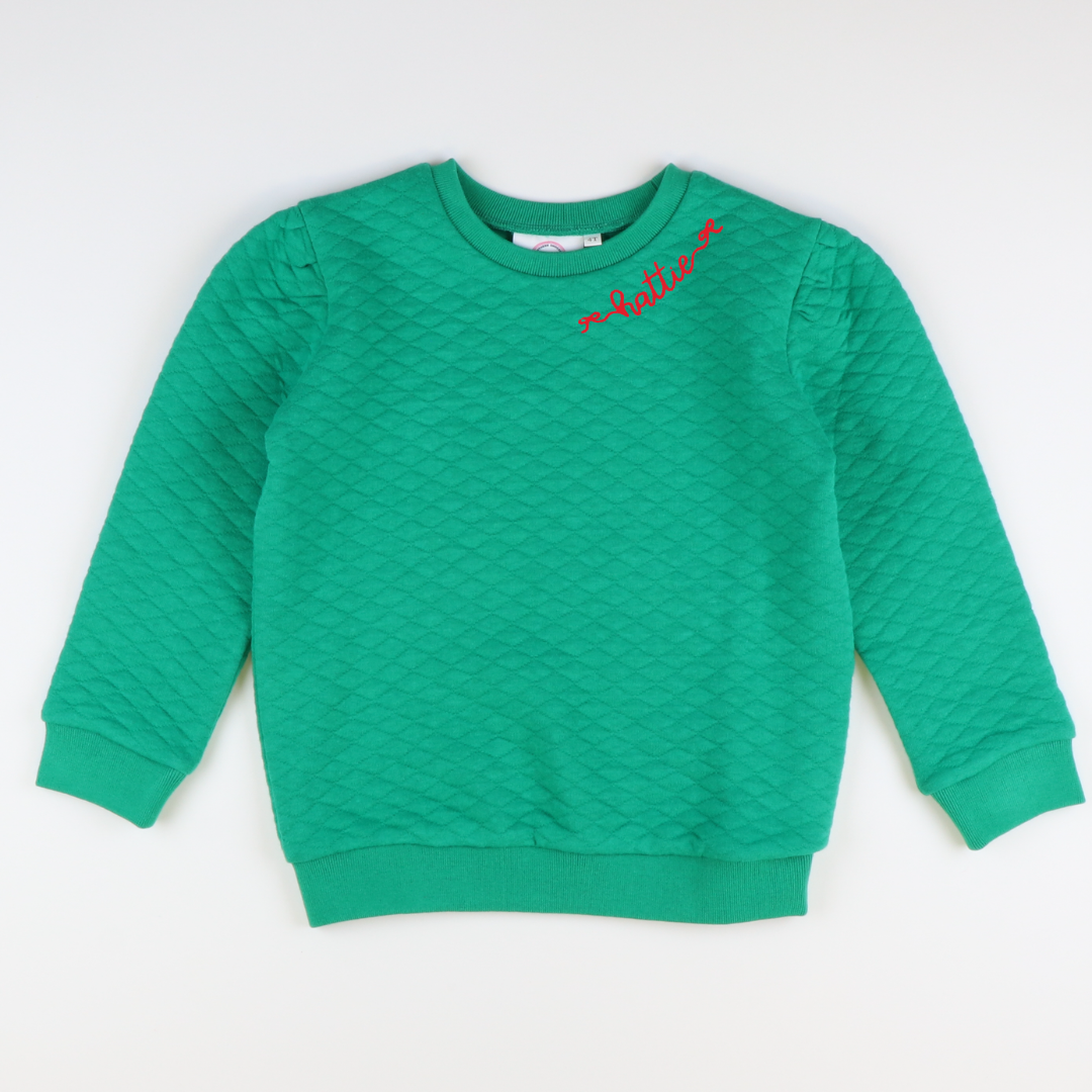 Embroidered Quilted Girls Sweatshirt - Green