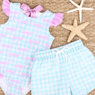 Rashguard Swimsuit - Pink Bows Mint Gingham - Stellybelly
