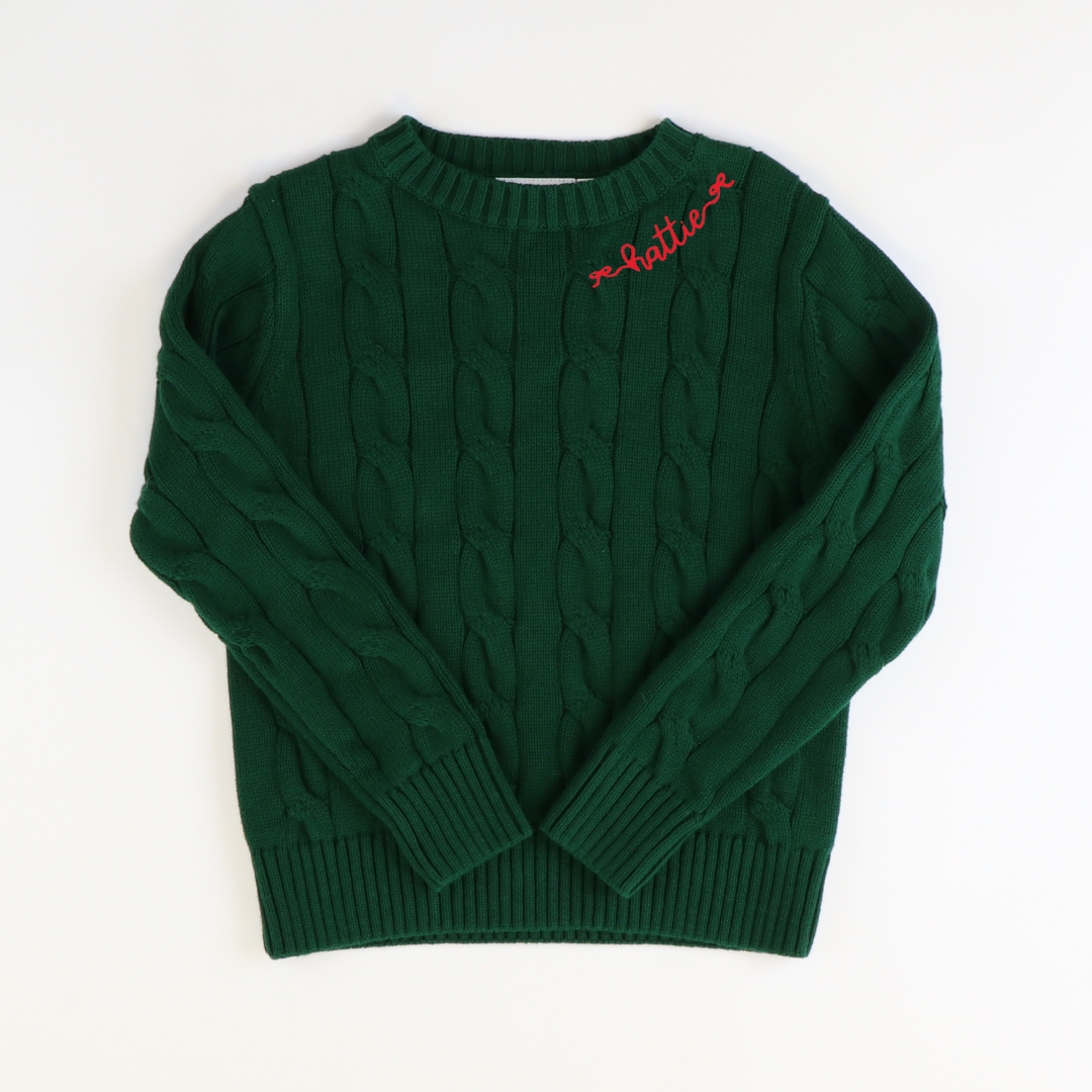 Embroidered Cable Knit Sweater - Hunter Green