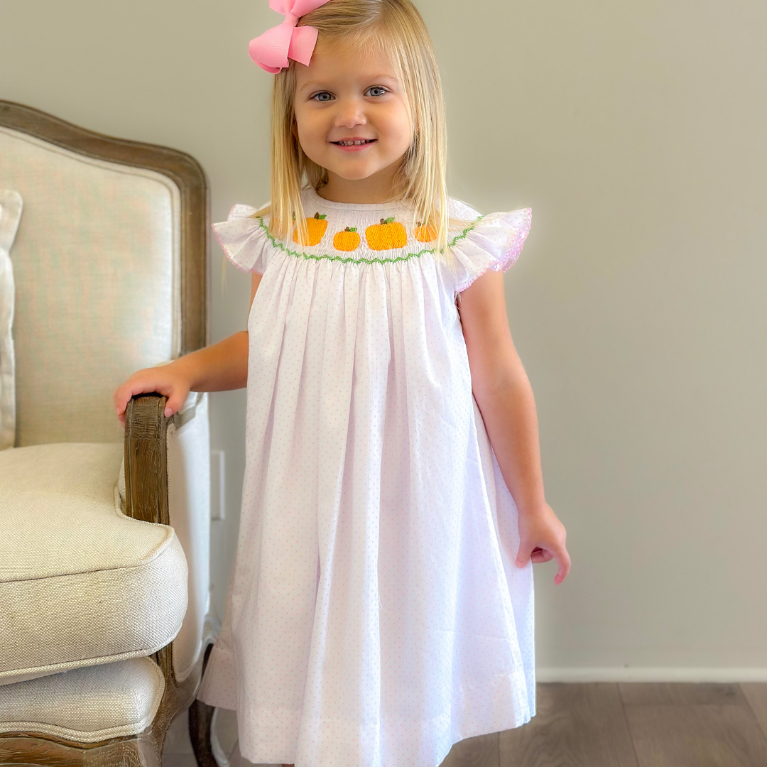 smocked pumpkin dress Smocked Pumpkin Patch Bishop- Light Pink Dots