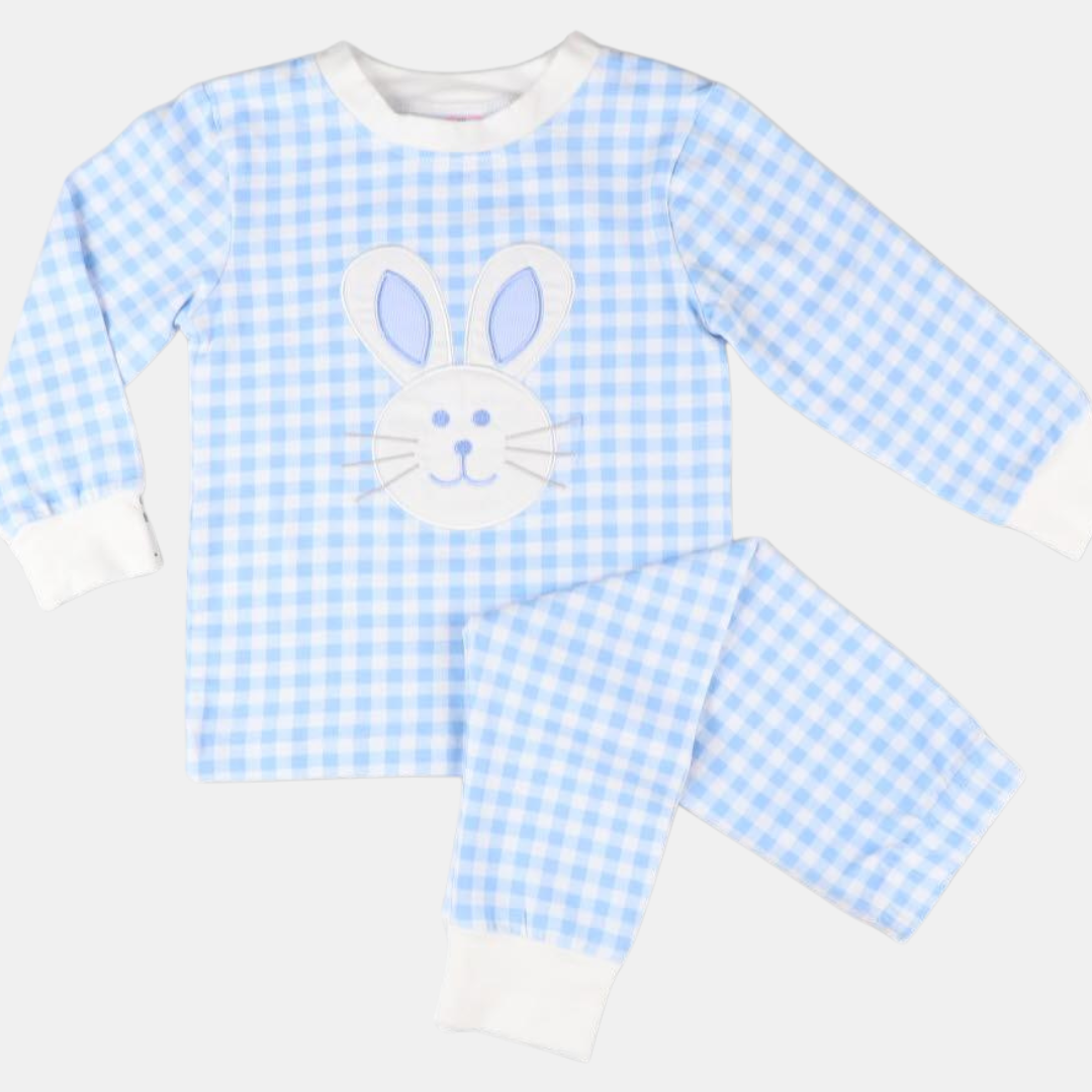 Bunny Appliqué Knit Pajama Set - Light Blue Check