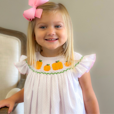 Smocked Pumpkin Patch Bishop- Light Pink Dots - Stellybelly