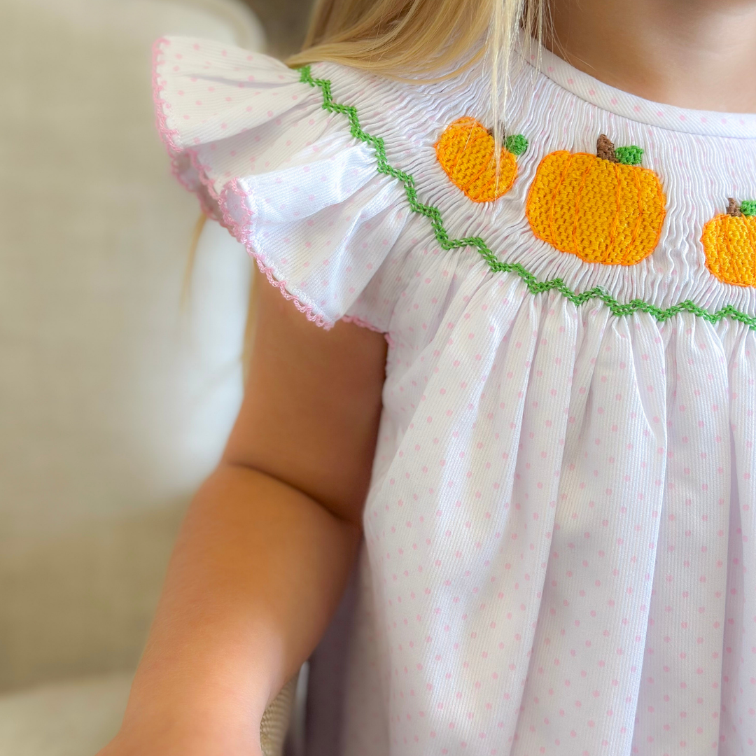 Smocked Pumpkin Patch Bishop- Light Pink Dots - Stellybelly