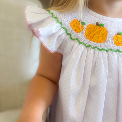 Smocked Pumpkin Patch Bishop- Light Pink Dots - Stellybelly