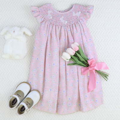 Smocked White Silhouette Bunnies Bishop- Pink Floral