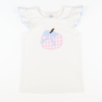 Light Pink Check Pumpkin Appliqué Flutter Top - White Knit