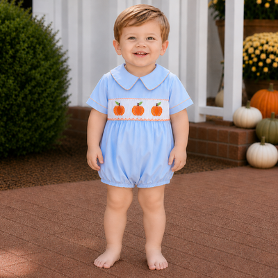 Smocked Pumpkins Collared Boy Bubble - Light Blue