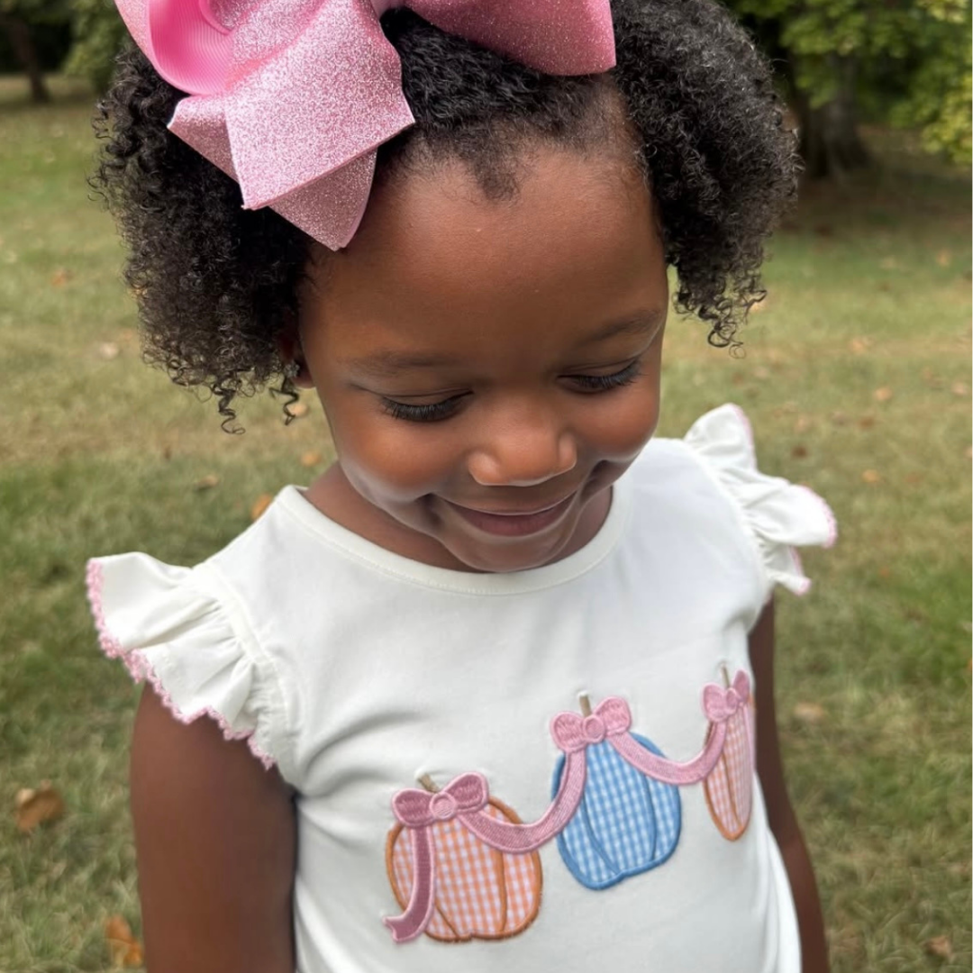 Pumpkin Pink Bow Trio Appliqué Flutter Top - White Knit