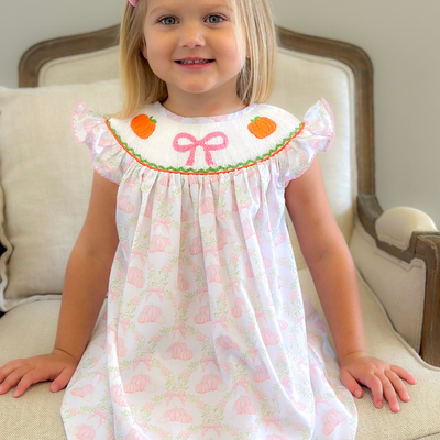Smocked Pink Bow & Pumpkins Bishop- Pumpkin Lattice - Stellybelly
