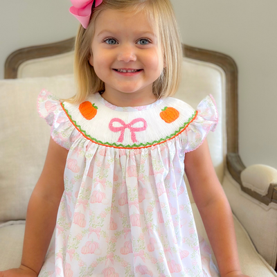 Smocked Pink Bow & Pumpkins Bishop- Pumpkin Lattice - Stellybelly