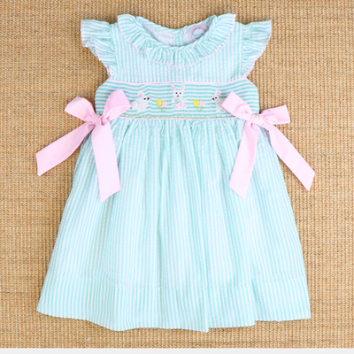 Smocked Easter Bunnies Ruffle Neck Dress - Mint Stripe Seersucker