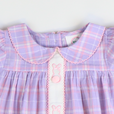 Embroidered Bunnies Collared Dress - Pink & Purple Plaid