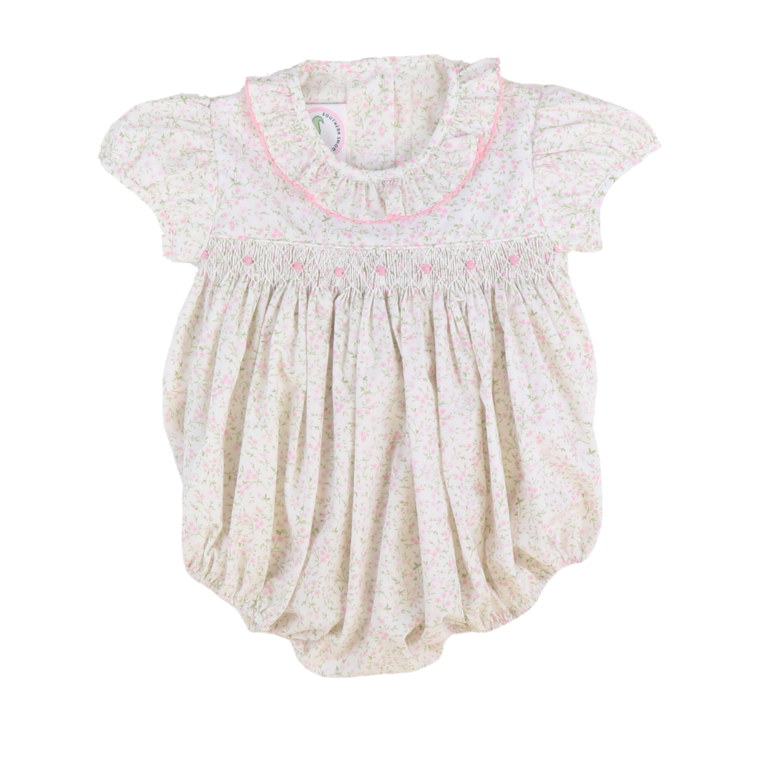 Smocked Rosette Ruffle Girl Bubble - Pink Floral - Stellybelly