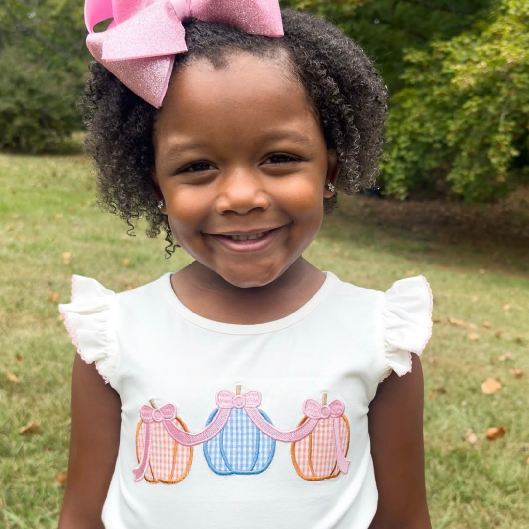 Pumpkin Pink Bow Trio Appliqué Flutter Top - White Knit