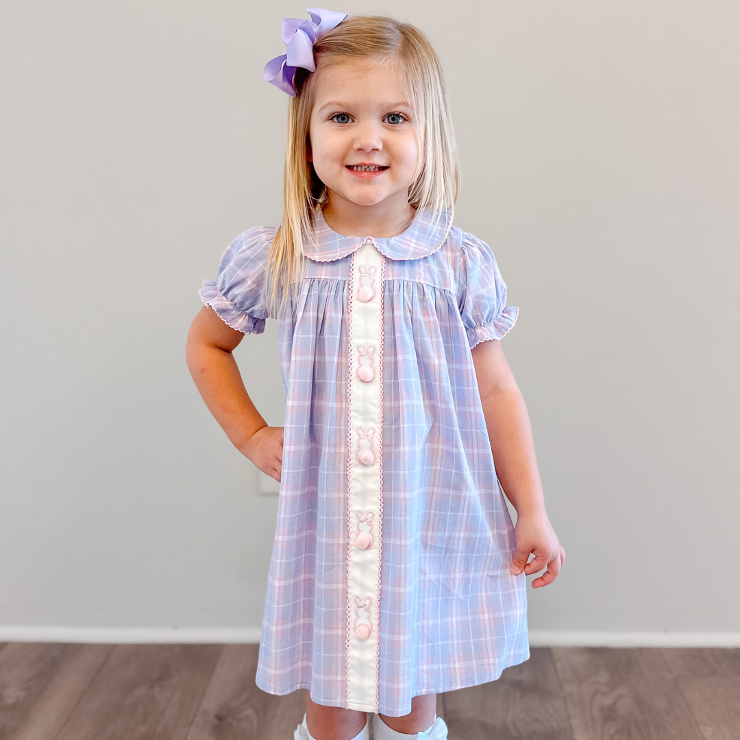 Embroidered Bunnies Collared Dress - Pink & Purple Plaid - Stellybelly