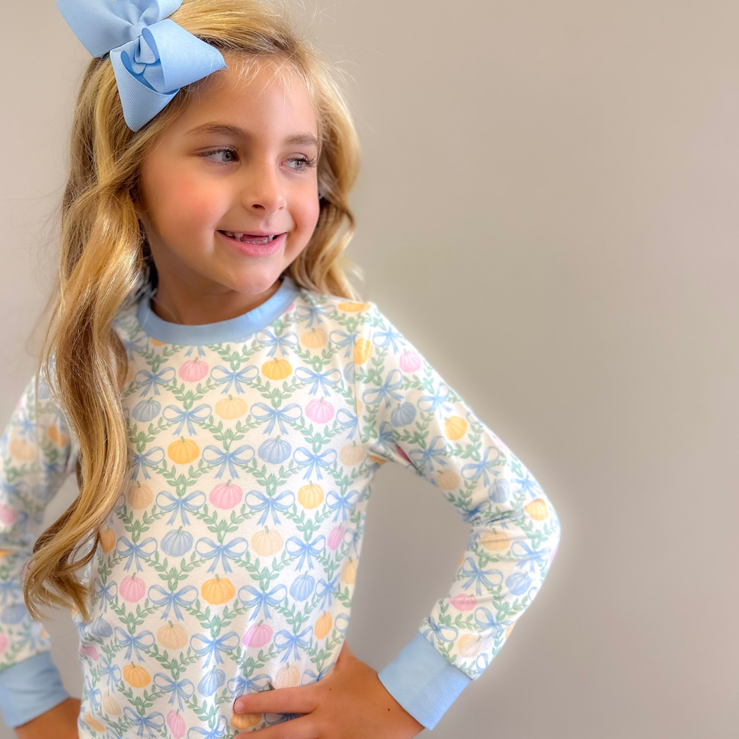 Pajama Set - Pumpkin Blue Bow Trellis - Stellybelly