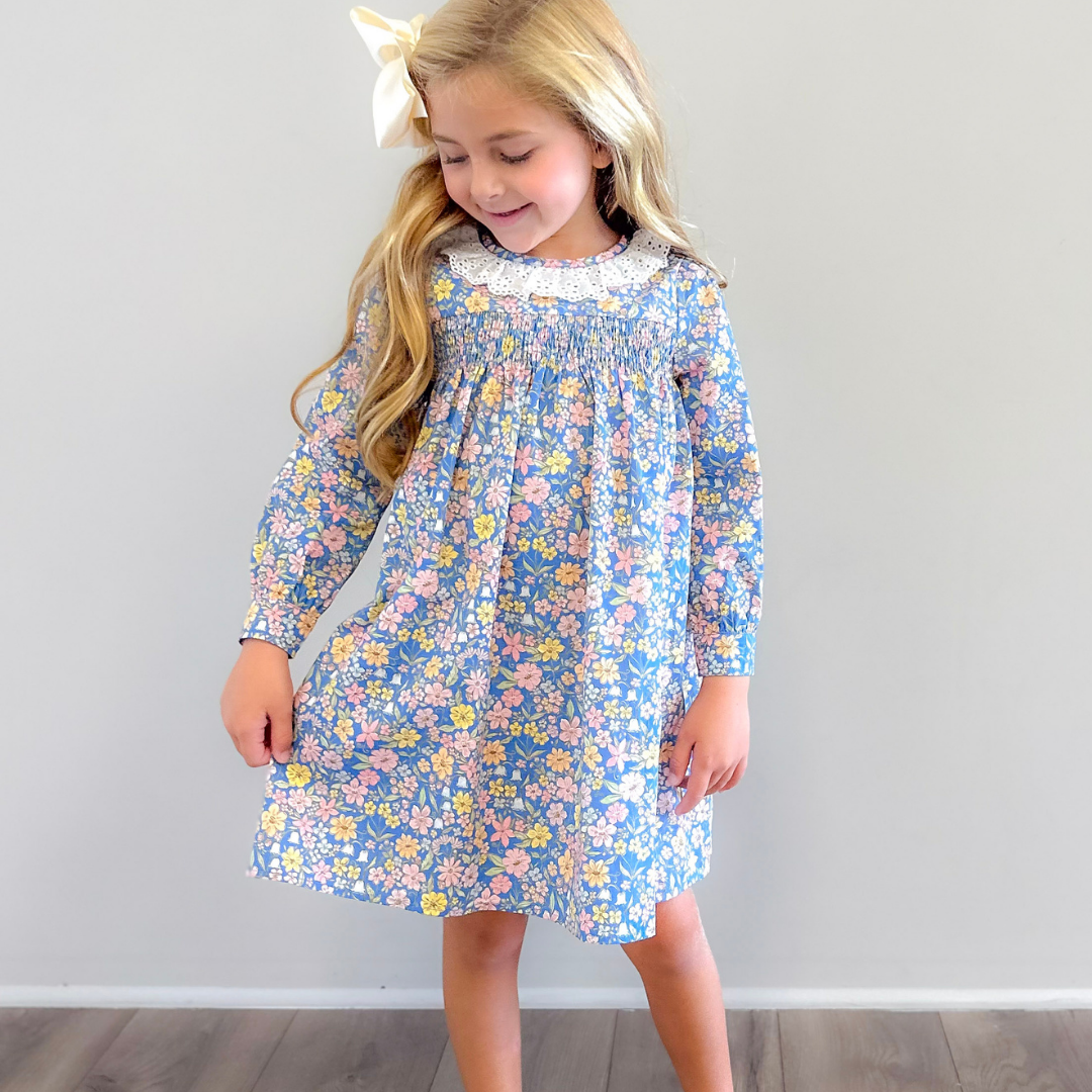 Eyelet Ruffle Dress - Blue Floral - Stellybelly