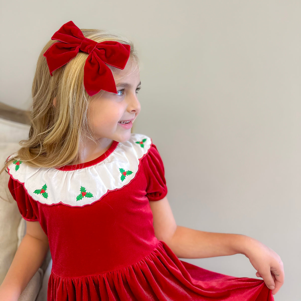 Embroidered Holly Holiday Red Velvet Dress