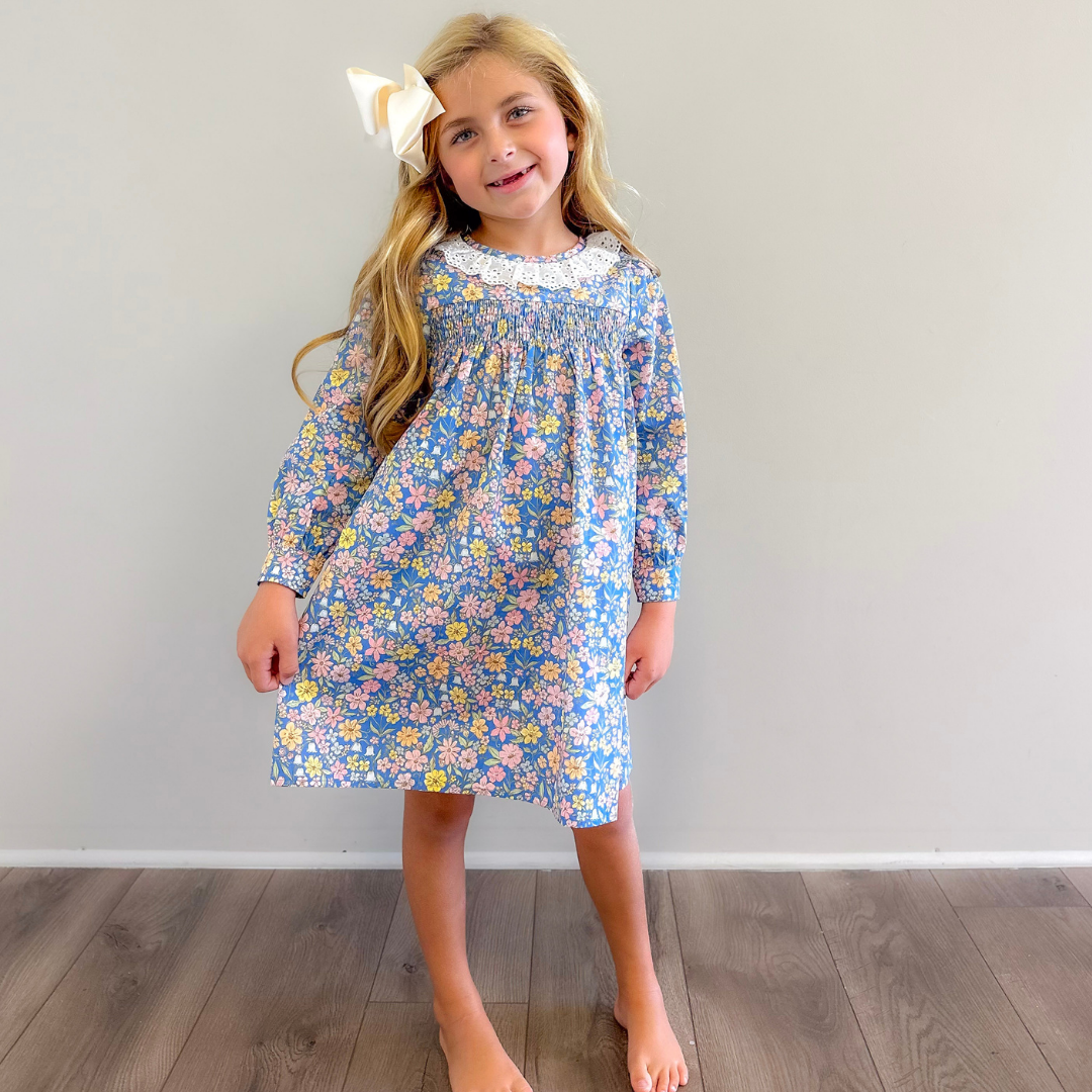 Eyelet Ruffle Dress - Blue Floral - Stellybelly