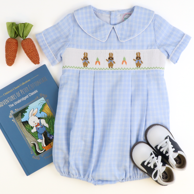 Smocked Storybook Rabbits Boy Collared Bubble - Light Blue Plaid
