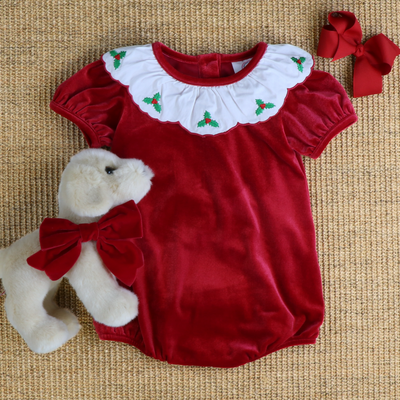 Embroidered Holly Holiday Red Velvet Girl Bubble