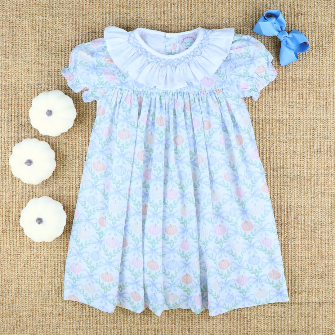 Smocked Ruffle Neck Dress- Pumpkin Blue Bow Trellis