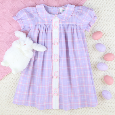 Embroidered Bunnies Collared Dress - Pink & Purple Plaid