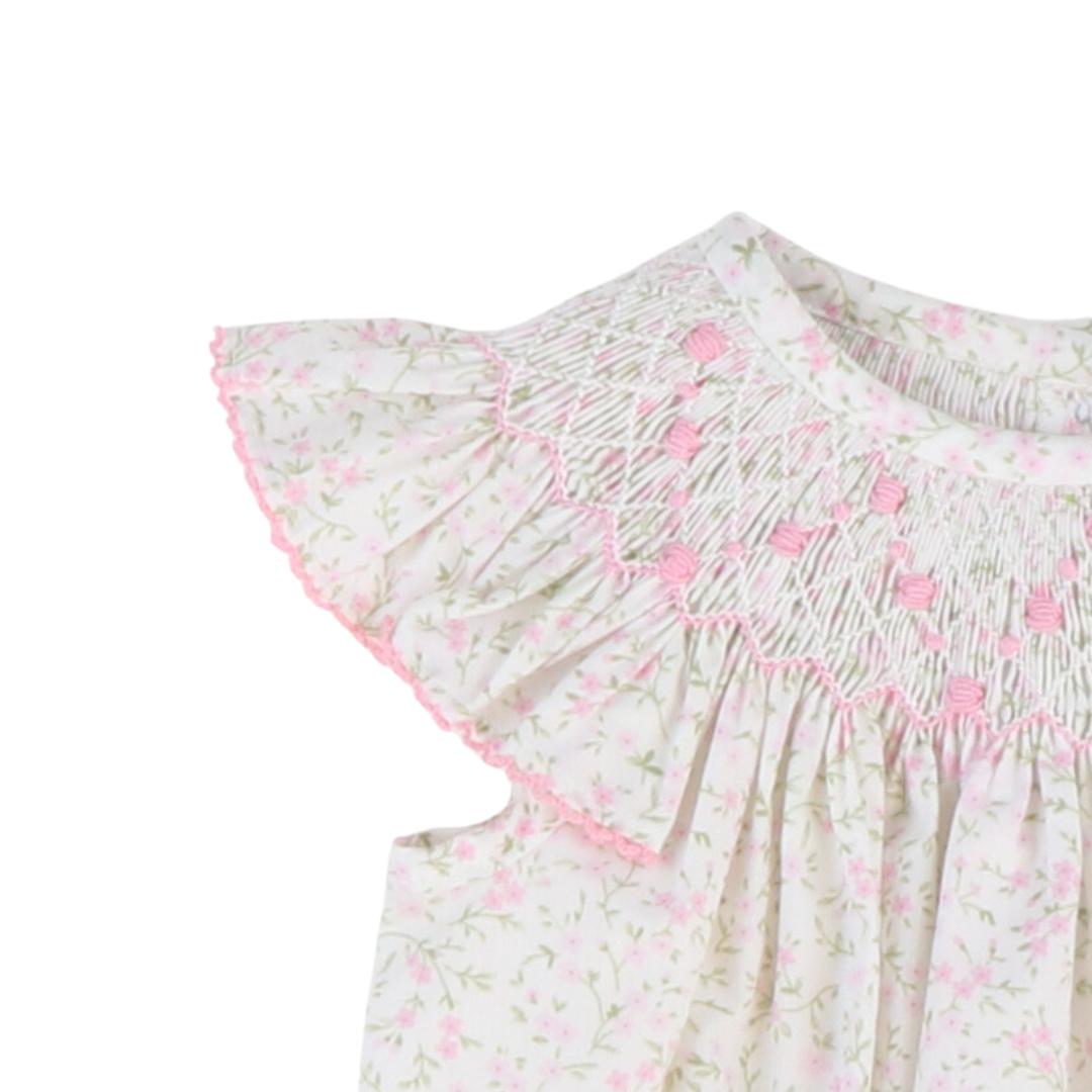 Smocked Rosette Girl Bubble - Pink Floral - Stellybelly